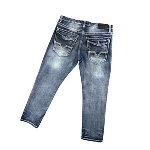True Luck Mens Distressed Straight Leg Blue Jeans Embellished Pockets 34x29‎